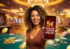 Top Online Casinos mit 5€ Mindesteinzahlung Junge Frau mit Handy dass 5 euro mindesteinzahlung casino bonus darstellt