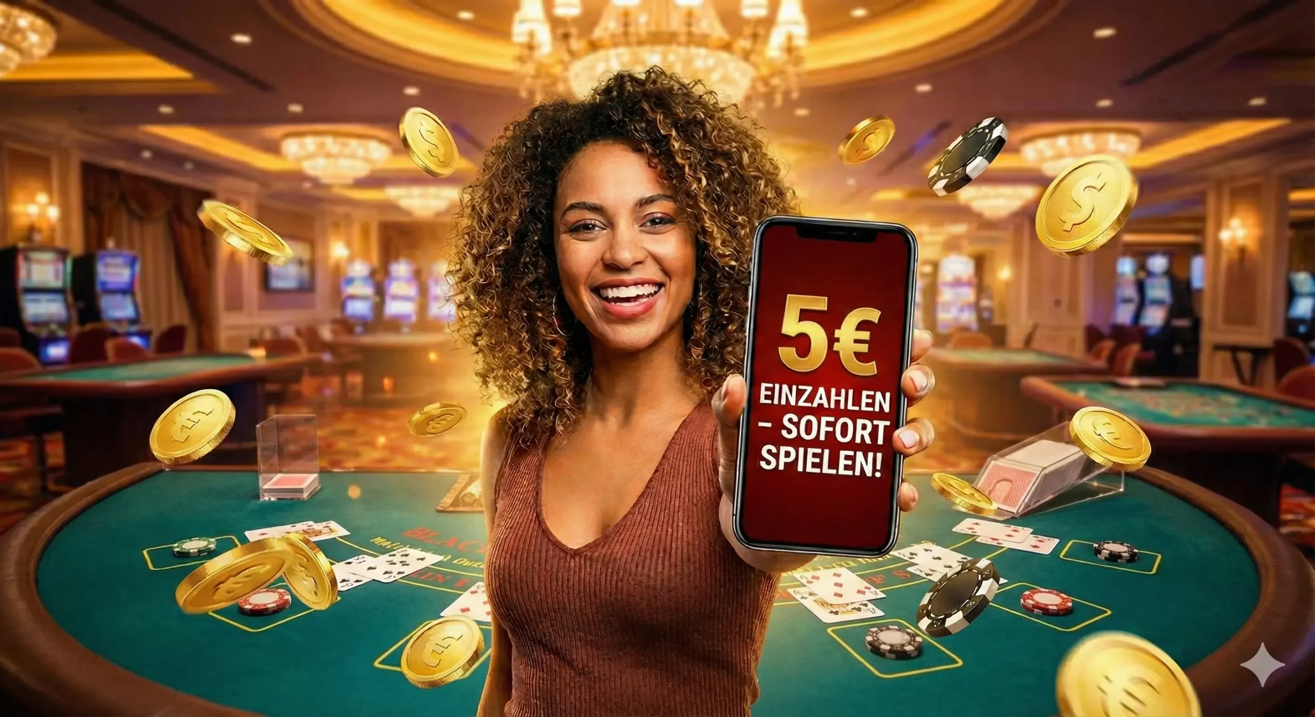Junge Frau mit Handy dass 5 euro mindesteinzahlung casino bonus darstellt
