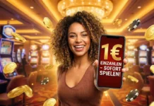 1€ Online Casinos: 1 Euro einzahlen und bis zu 20 Euro Bonus bekommen Glückliche Spielerin im Casino zeigt 1 Euro Einzahlung Angebot auf Tablet
