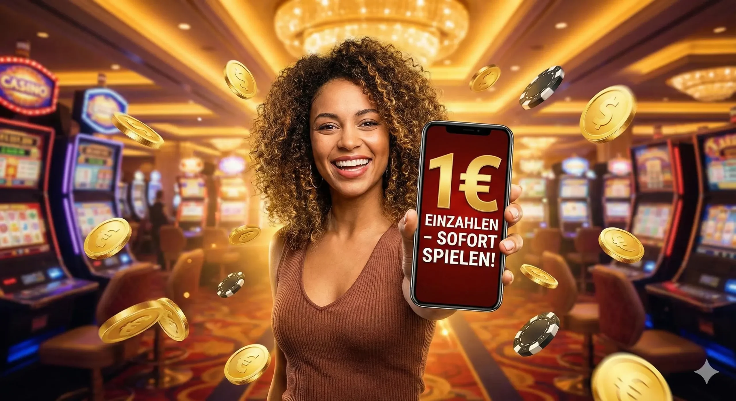 Glückliche Spielerin im Casino zeigt 1 Euro Einzahlung Angebot auf Tablet