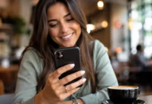 Casino-Anmeldung mit Google & Apple Frau meldet sich im Café entspannt per Smartphone im Online-Casino an – Symbolbild Social Login mit Google