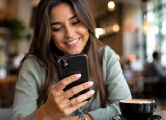 Casino-Anmeldung mit Google & Apple Frau meldet sich im Café entspannt per Smartphone im Online-Casino an – Symbolbild Social Login mit Google