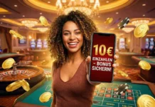 Casino Bonus für 10 Euro Einzahlung: zahle 10 Euro – bekomme bis zu 50€ (auch mit PayPal)! Glückliche Spielerin im Casino zeigt 10 Euro Einzahlung Angebot auf Handy