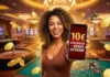 Casino Bonus für 10 Euro Einzahlung: zahle 10 Euro – bekomme bis zu 50€ (auch mit PayPal)! Glückliche Spielerin im Casino zeigt 10 Euro Einzahlung Angebot auf Handy