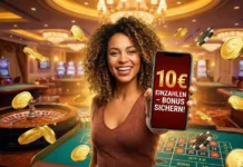 Casino Bonus für 10 Euro Einzahlung: zahle 10 Euro – bekomme bis zu 50€ (auch mit PayPal)! Glückliche Spielerin im Casino zeigt 10 Euro Einzahlung Angebot auf Handy