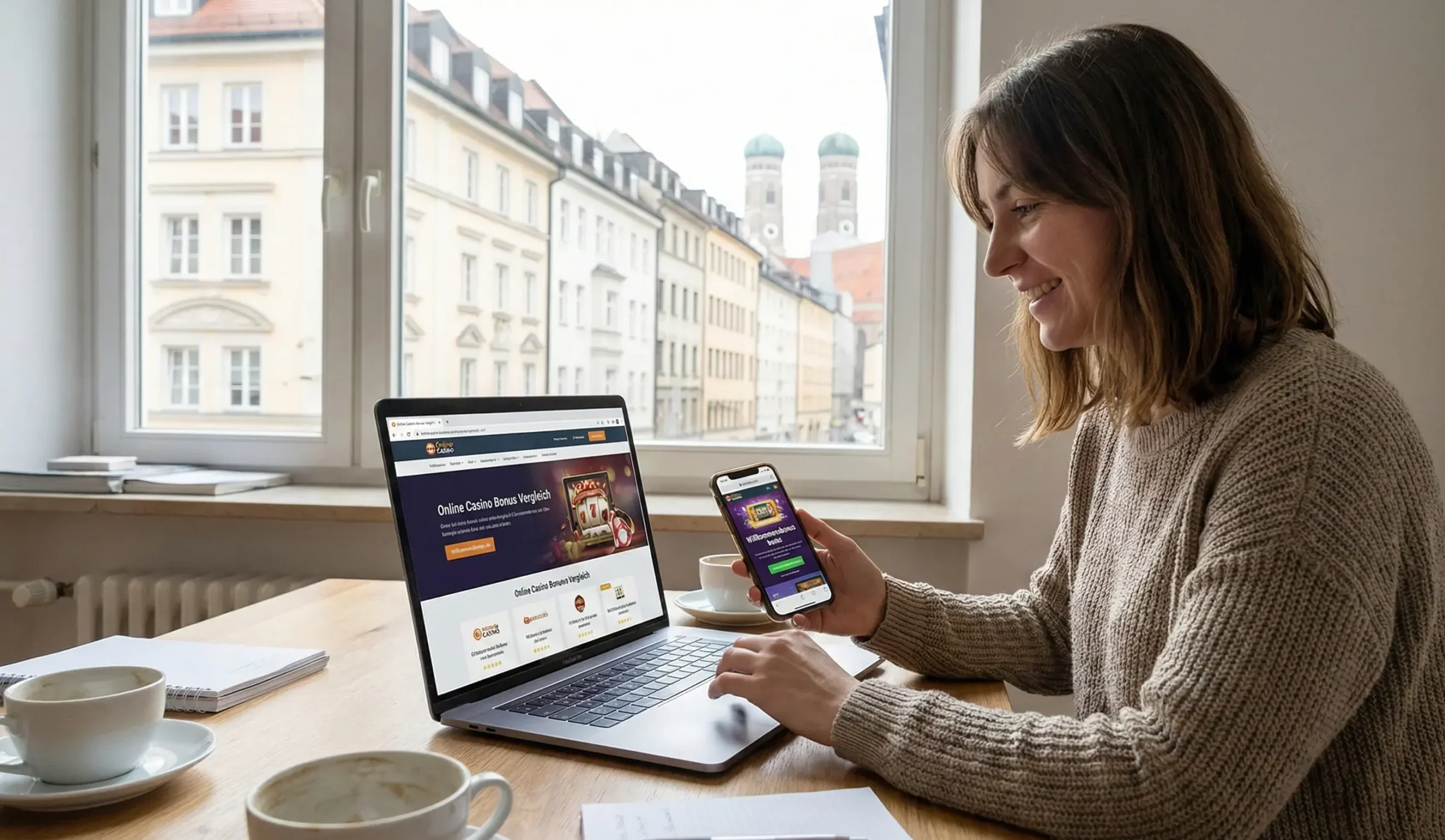 Maria testet deutsche Online Casino Boni auf Laptop und Smartphone